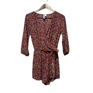 Alya Floral Romper Women Small Burgundy Excellent Wrap V-Neck Long Sleeve Pocket